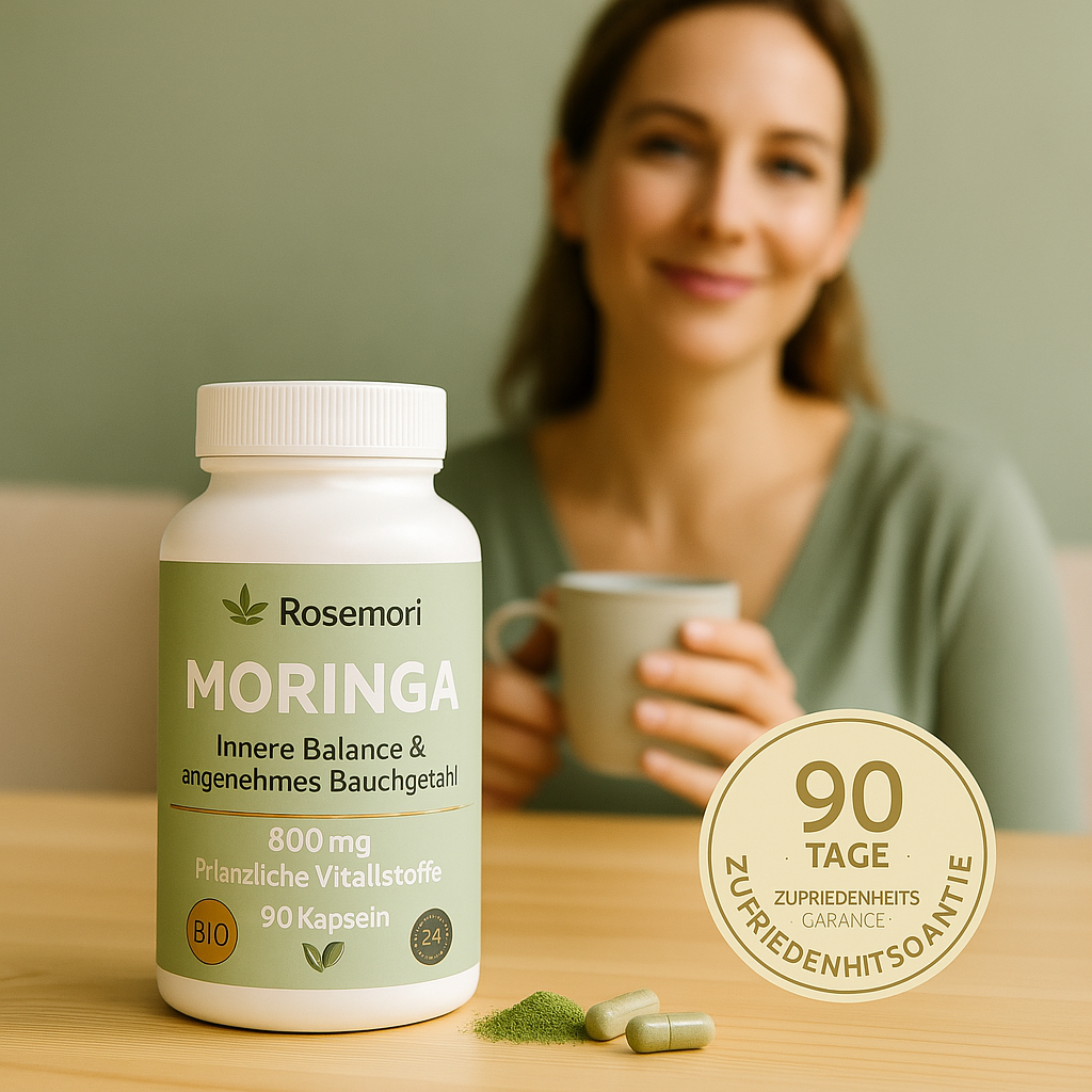Rosemori Bio Moringa – 90 Tage Zufriedenheitsgarantie, EU-geprüfte Qualität, pflanzliche Vitalstoffe für Wohlbefinden & Balance.